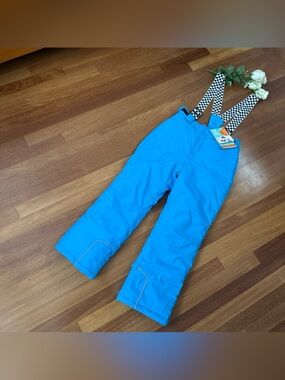 Kids Bright Blue Snow Pants with Checkerboard Suspenders